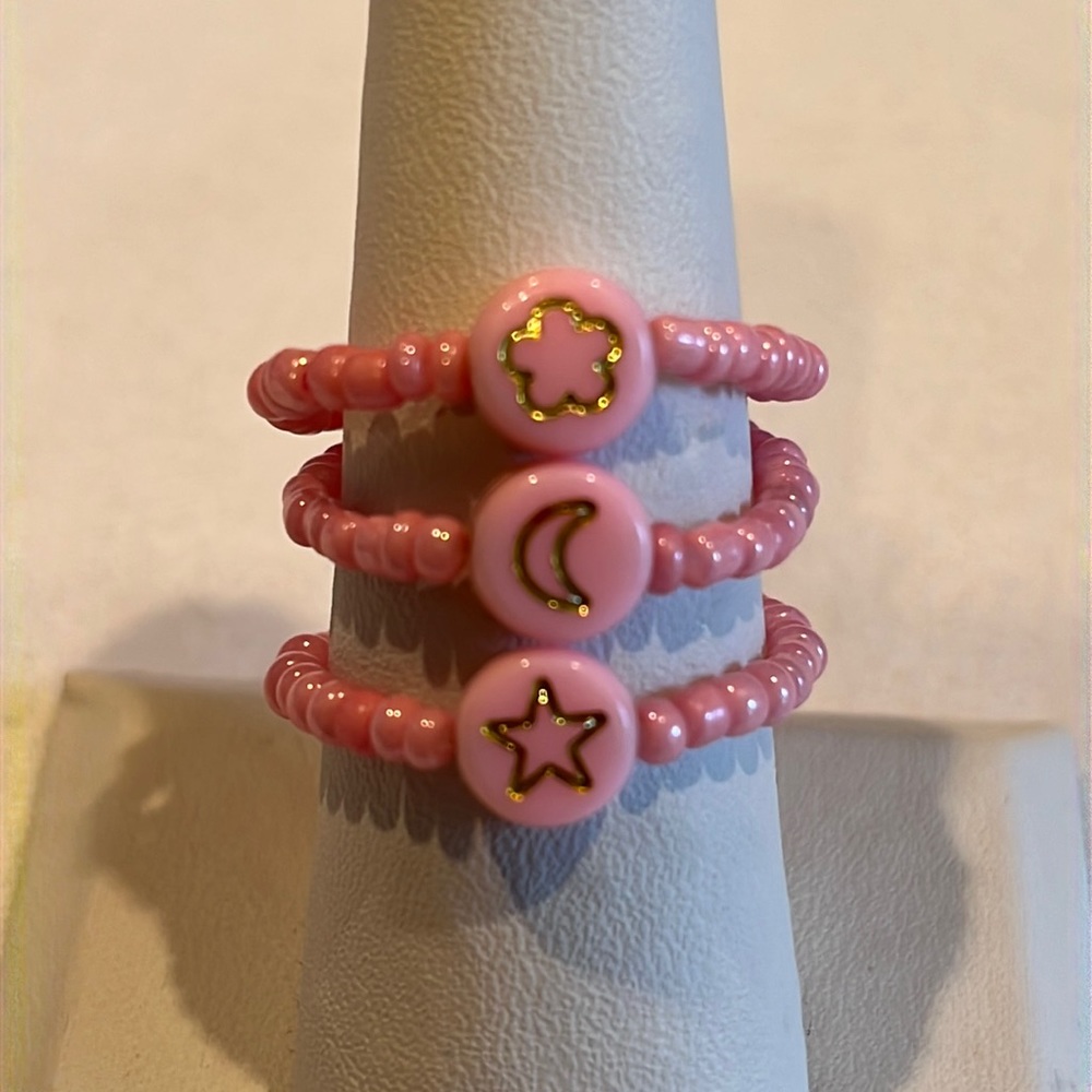 Handmade Pink Beaded Ring Set, Stretchy